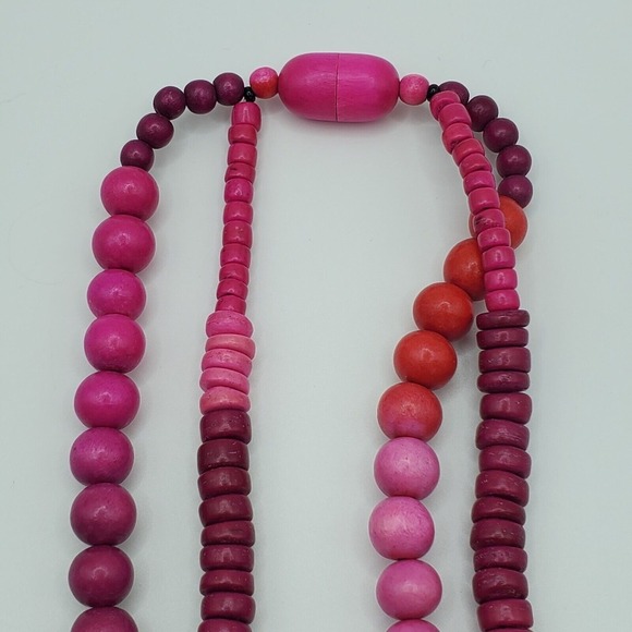 Pink Wooden Beaded Necklace 2 Strands Womens Fashion Jewelry Boho Festival - Picture 2 of 6